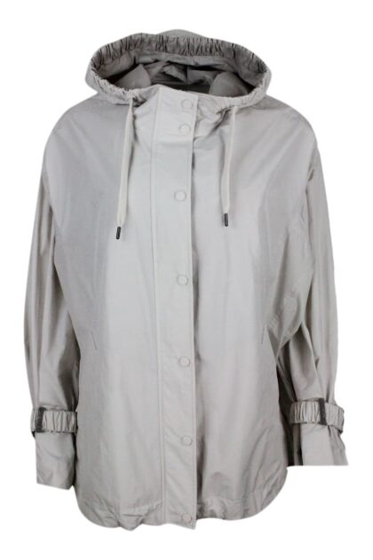Brunello Cucinelli Water Resistant Outerware Jacket With Hood And Drawstring Hem. Curl On The Sleeve With Precious Jewel
