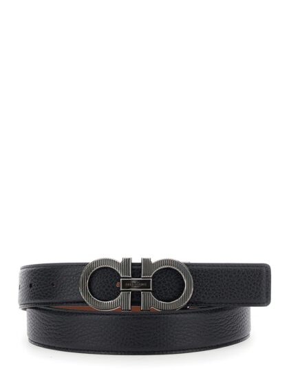 Ferragamo Black Reversible Belt With Gancini Buckle In Leather Man