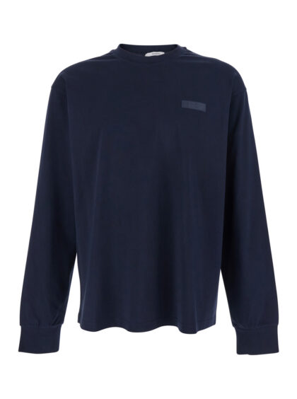 Givenchy Blue Long-sleeved T-shirt With Chest Logo Patch In Cotton Man