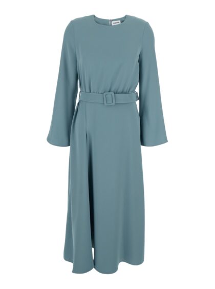 Parosh Blue Long Dresses With Round Neckline And Waistband In Cady Fabric Woman