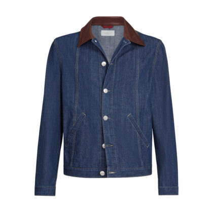 Brunello Cucinelli Leather Collar Denim Jacket