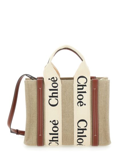 Chloé Beige woody Tote Bag With Logoed Ribbons In Canvas And Leather For Women