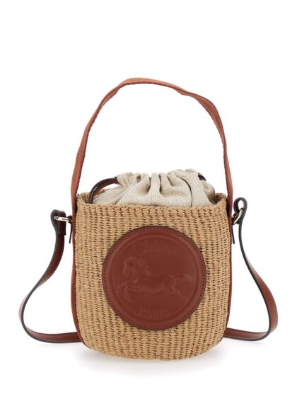 Chloé horse Medal Small Beige Bucket Bag With Shoulder Strap And Logo Patch On The Front In Straw Woman