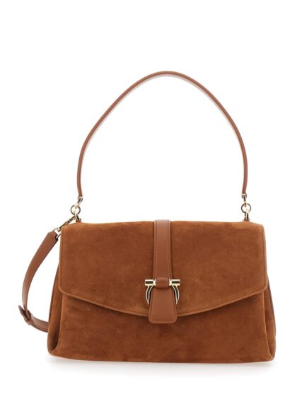 Ferragamo Brown Crossbody Bag With Adjustable And Removable Strap And Closure With Gancini Plaque In Suede For Women