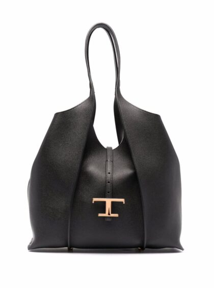 Tod's Tote Bag With T Timeless Pendant In Black Leather For Women