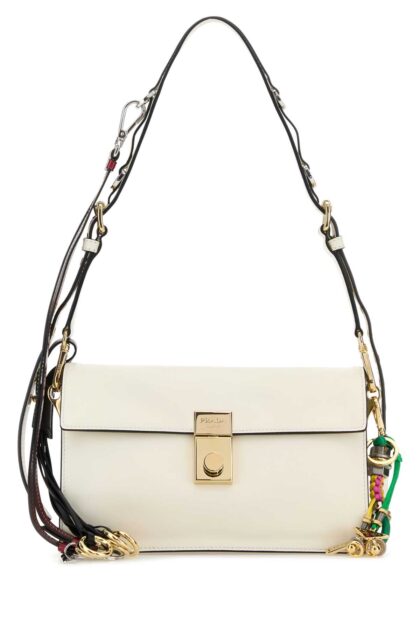 White Leather Small Prada Soft Sound Shoulder Bag