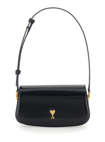 AMI Paris Black Shoulder Bag Paris with Adjustable and Removable Strap ADC Plate on the Front in Leather for Women - Women