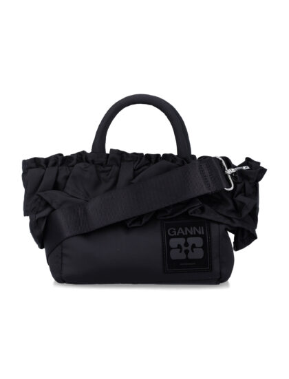 Ganni Black Nylon Ruffled Top Handle Bag Recycled Tote - Women