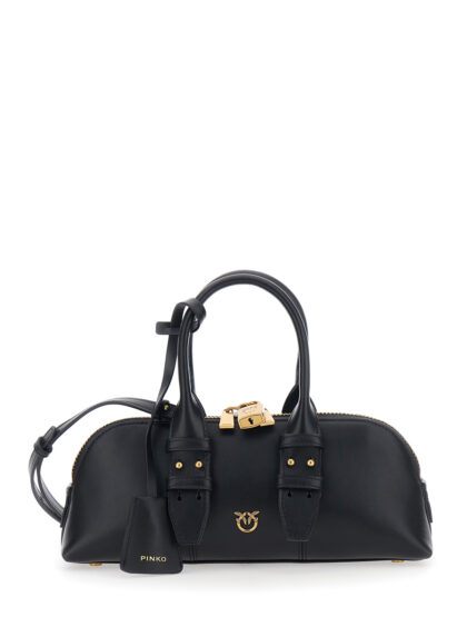 Pinko Handbag Bowling Bag Horizontal with Adjustable and Removable Shoulder Strap Black Leather Lock Detail for Women Hand - Women