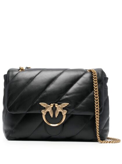 Pinko Love Puff Shoulder Bag with Birds Diamond Cut Logo on Front in Black Leather for Women Crossbody - Women