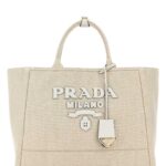 Prada Sand Canvas Shopping Bag Naturalebianco Borse A Mano - Women