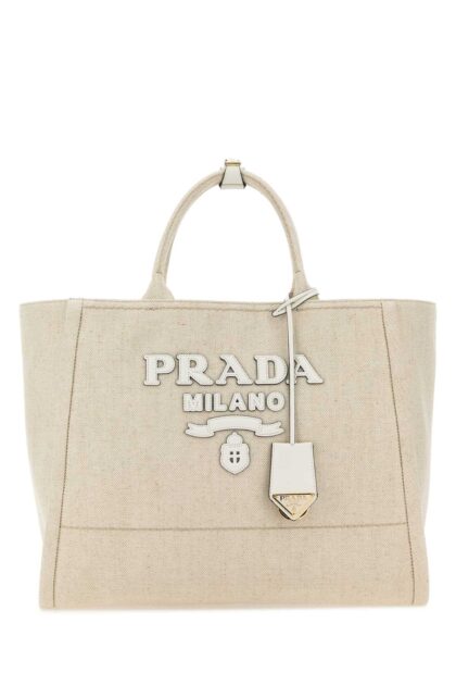 Prada Sand Canvas Shopping Bag Naturalebianco Borse A Mano - Women