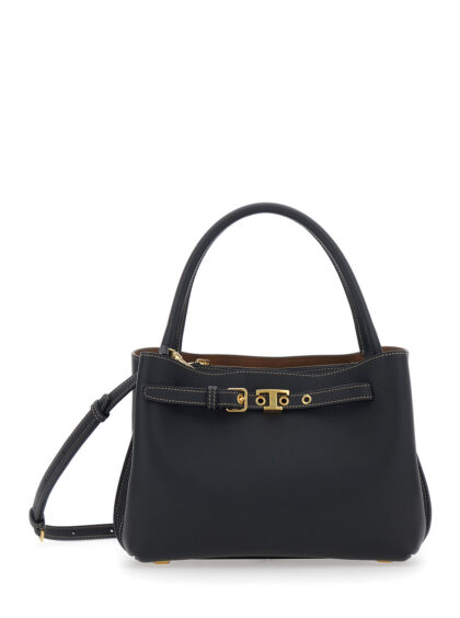 Tod's Small T-String Handbag with Adjustable and Removable Shoulder Strap Belt Buckle on the Front in Black Pebbled Leather for Women Calf Hand Bags -