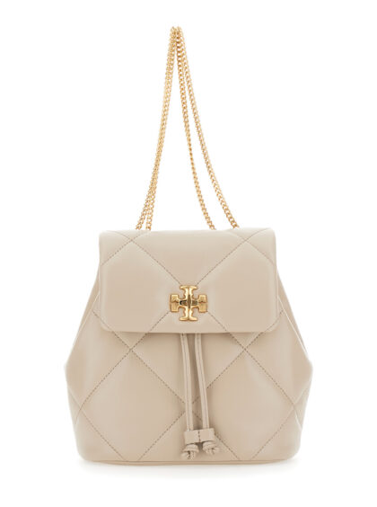 Tory Burch Kira Backpack with Metallic Logo Plate on Front in Quilted Beige Leather for Women Cow Backpacks And Belt Bags - Women