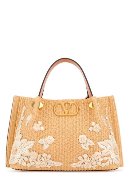 Valentino Garavani Raffia Vlogo Signature Bucket Bag Naturalecremanaturalcamel Cotton Viscose Borse A Mano - Women