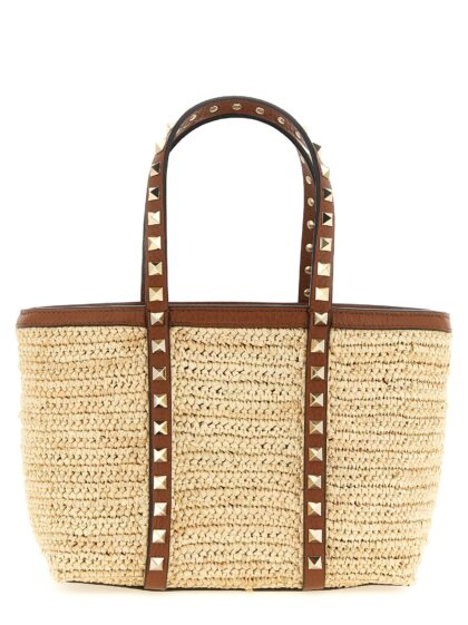 Valentino Garavani Rockstud mini shopping bag Beige Straw Tote - Women