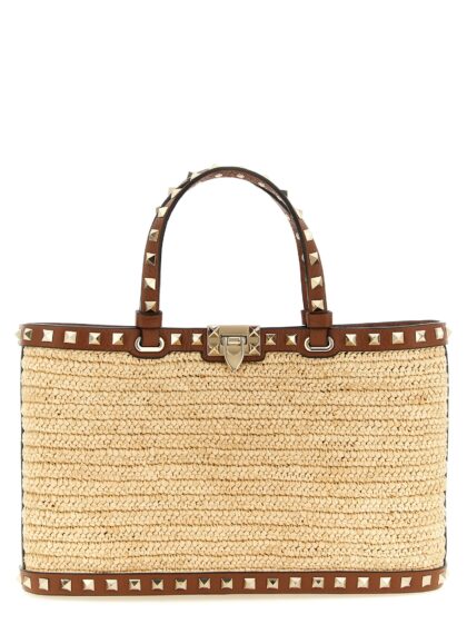 Valentino Garavani Rockstud small shopping bag Beige Straw Tote - Women