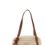 Versace Beige Shoulder Bag Tag Bowling With Metallic Lettering Logo And Raffia Medusa Head Pendant For Women - Women
