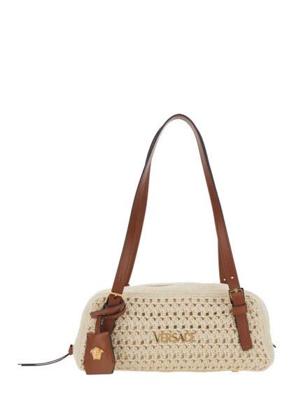 Versace Beige Shoulder Bag Tag Bowling With Metallic Lettering Logo And Raffia Medusa Head Pendant For Women - Women
