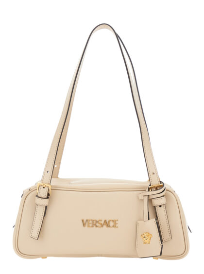 Versace White Tag Bowling Shoulder Bag with Metallic Lettering Logo and Medusa Head Pendant in Leather for Women Lamb - Women