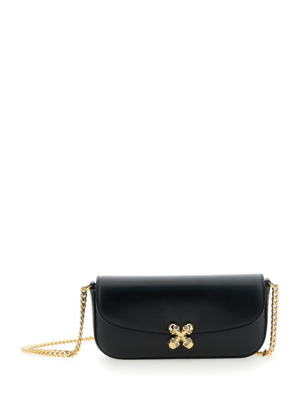 Alexander McQueen Skull Flower Black Crossbody Bag with Chain-Link Shoulder Strap and Logo Plaque on the Front in Leather Woman Calf - Women