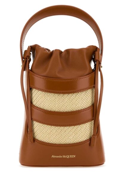 Alexander McQueen Two-Tone Leather And Raffia Mini The Rise Bucket Bag Tannatural Borse A Secchiello - Women