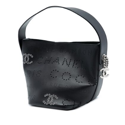 Chanel Black Small Perforated Calfskin Logo Eyelet Bucket Bag