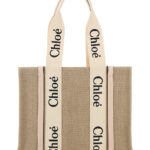 Chloé Handbag Medium Woody With Logo Linen Canvas Beige Woman Tote Bags - Women