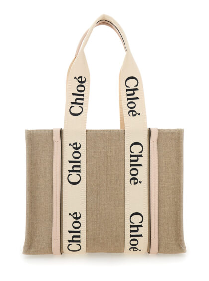 Chloé Handbag Medium Woody With Logo Linen Canvas Beige Woman Tote Bags - Women