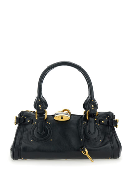 Chloé Paddington Black Shoulder Bag With Oversized Lock And C-Shaped Buckles Grained Leather Woman - Women