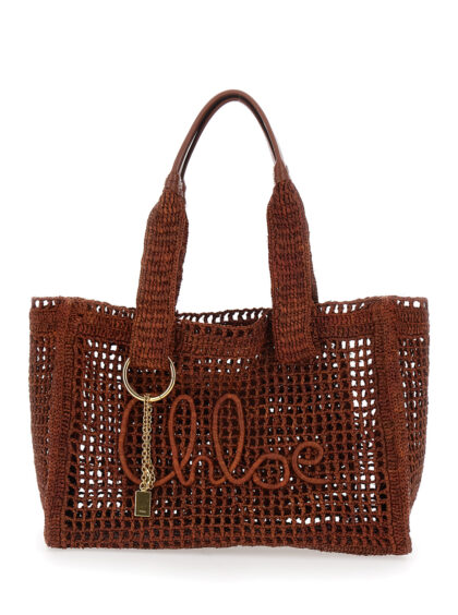 Chloé Summer Banana Brown Tote Bag With Lock Detail And Lettering Logo In Raffia For Women - Women