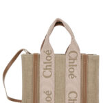 Chloé Tote Bag Woody Piccola With Linen Logo Detail Beige Woman Hand - Women