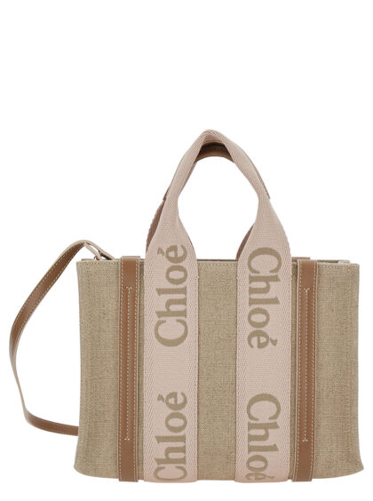 Chloé Tote Bag Woody Piccola With Linen Logo Detail Beige Woman Hand - Women