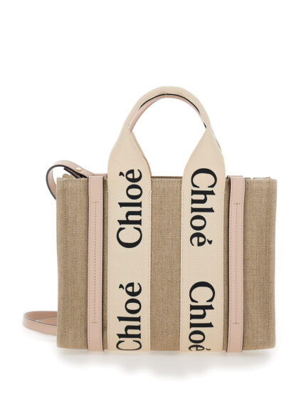 Chloé Tote Bag Woody With Logoed Ribbons Beige Canvas For Women Linen Crossbody - Women