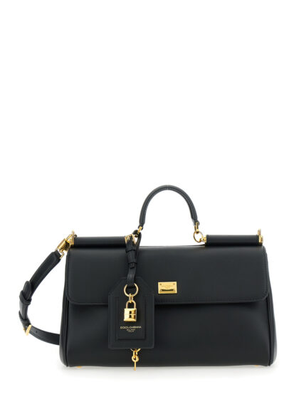 Dolce & Gabbana My Sicily Black Medium Handbag with Lock Detail and Adjustable Removable Leather Shoulder Strap for Women Calf Pvc Hand Bags - Women