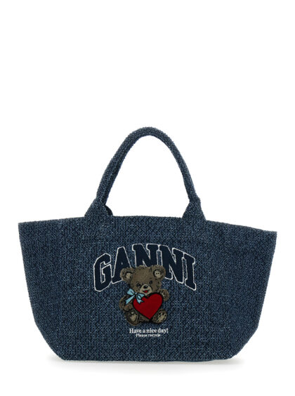 GANNI Blue Tote Bag with Lettering Logo and Teddy Bear on Front in Cotton for Women Blu - Women