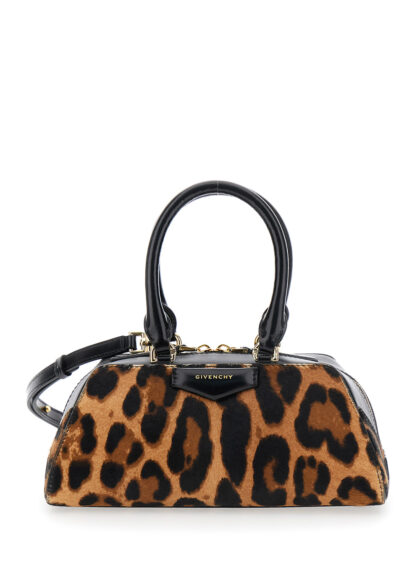 Givenchy Antigona East West Brown Mini Handbag with Leopard Motif and logo lettering on the Front in Leather for Women Multicolor Calf Hand Bags - Wom