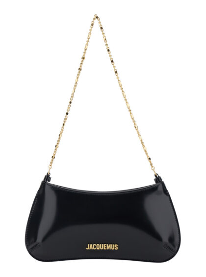 Jacquemus Le Petit Bisou Chaine Black Shoulder Bag with Chain Strap and Logo Lettering Plate on the Front in Patent Leather for Women Calf - Women