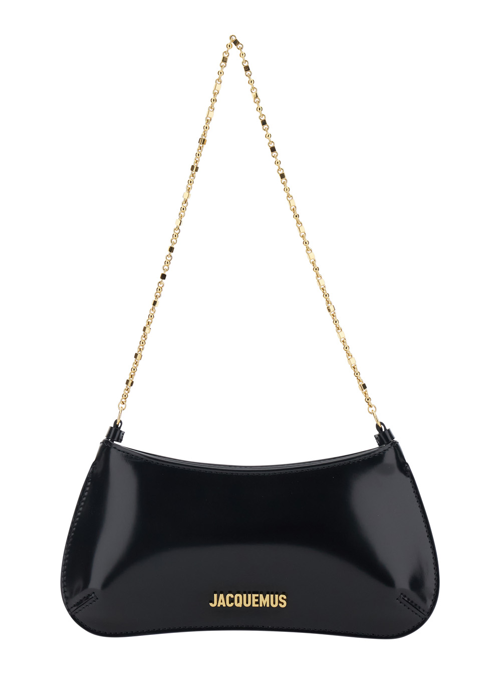 Jacquemus Le Petit Bisou Chaine Black Shoulder Bag with Chain Strap and Logo Lettering Plate on the Front in Patent Leather for Women Calf - Women