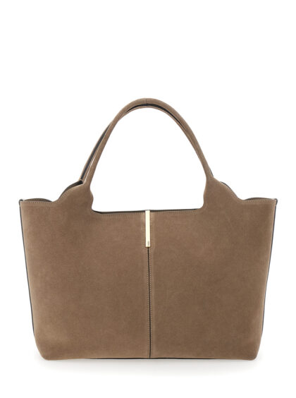 Tod's Beige Ebr Tote Bag with Logo Plate on the Front and Contrast Stitching in Suede for Women Calf - Women