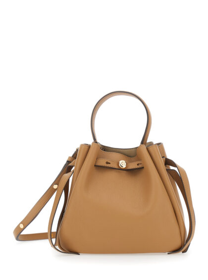 Tory Burch Bucket Bag Romy With Adjustable Strap And Logo Plate On Front Grained Beige Leather For Women Cow Hand - Women