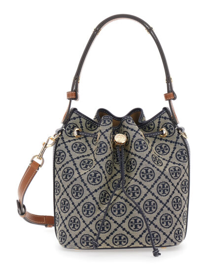 Tory Burch T Monogram Mini Bucket Bag With Tech Fabric And Blue Details For Women Blu Cotton Polyester Hand - Women
