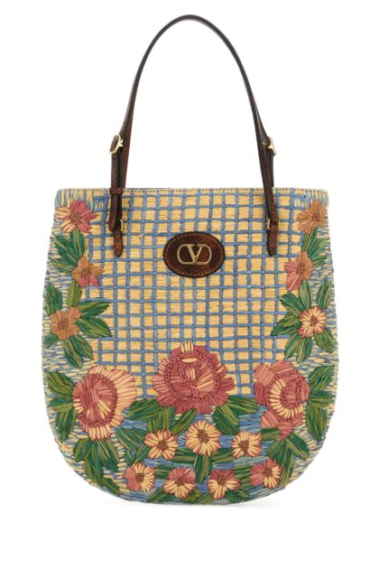 Valentino Garavani Embroidered Raffia Vlogo Signature Shoulder Bag Naturalemulticolorterra Cotton Borse A Mano - Women