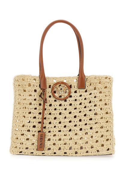 Versace La Medusa Beige Tote bag with Logo Plate and Removable Pendant in Raffia for Women - Women