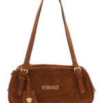 Versace Shoulder Bag Tag Bowling With Metallic Lettering Logo And Medusa Head Pendant Brown Suede For Women - Women