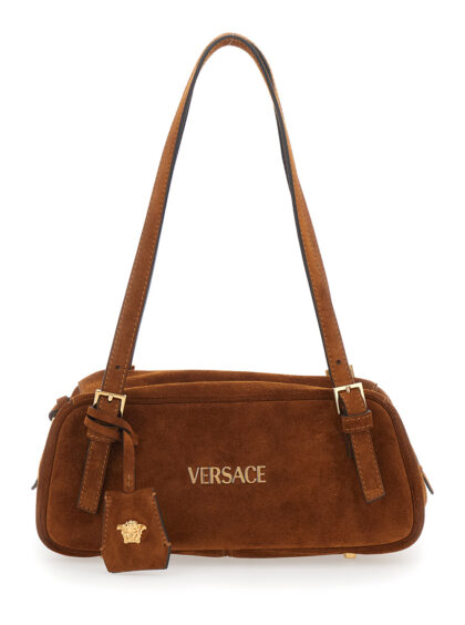 Versace Shoulder Bag Tag Bowling With Metallic Lettering Logo And Medusa Head Pendant Brown Suede For Women - Women