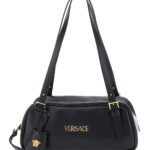 Versace Tag Bowling Black Shoulder Bag with Metallic Lettering Logo and Medusa Head Pendant in Leather for Women Lamb - Women