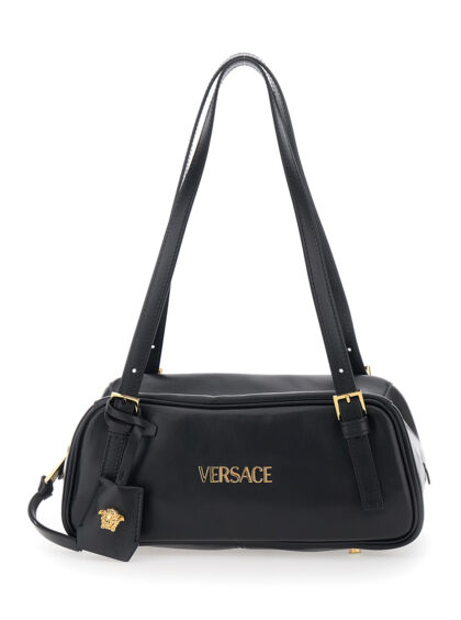 Versace Tag Bowling Black Shoulder Bag with Metallic Lettering Logo and Medusa Head Pendant in Leather for Women Lamb - Women