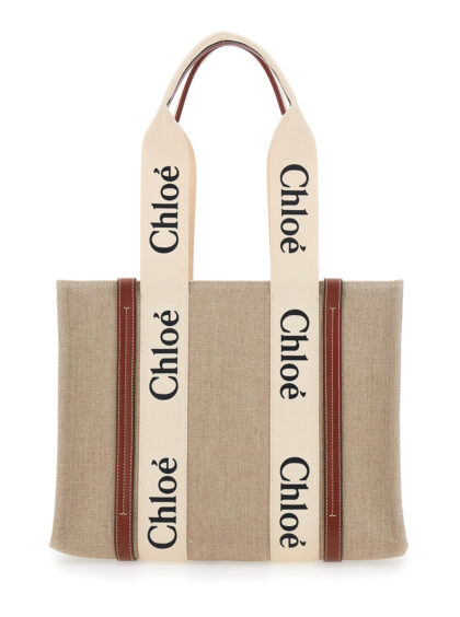 Chloé Handbag Woody Medium With Logo Lettering On The Front Beige Linen For Women Tote Bags - Women