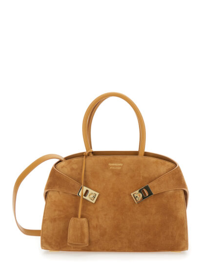 Ferragamo Handbag Hug Small With Logo And Gancini Buckles On The Front Suede Beige Woman Goat Calf Hand Bags - Women